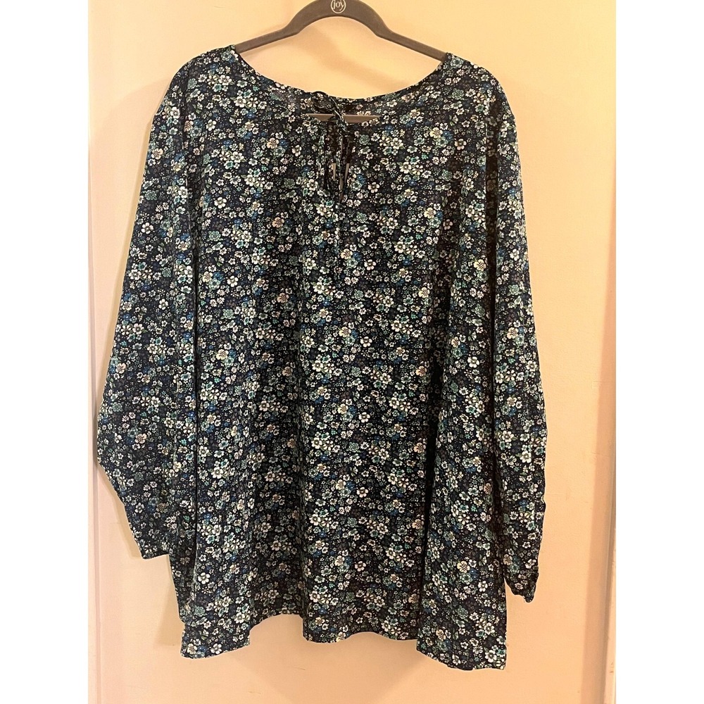 Bloomchic Womens Plus Size 26 Navy Blue Ditsy Floral Tie Neck Blouse Long Sleeve